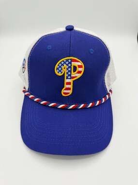 Philadelphia Phillies Toyota Snapback Trucker Hat American Flag P Logo Blue Whit
